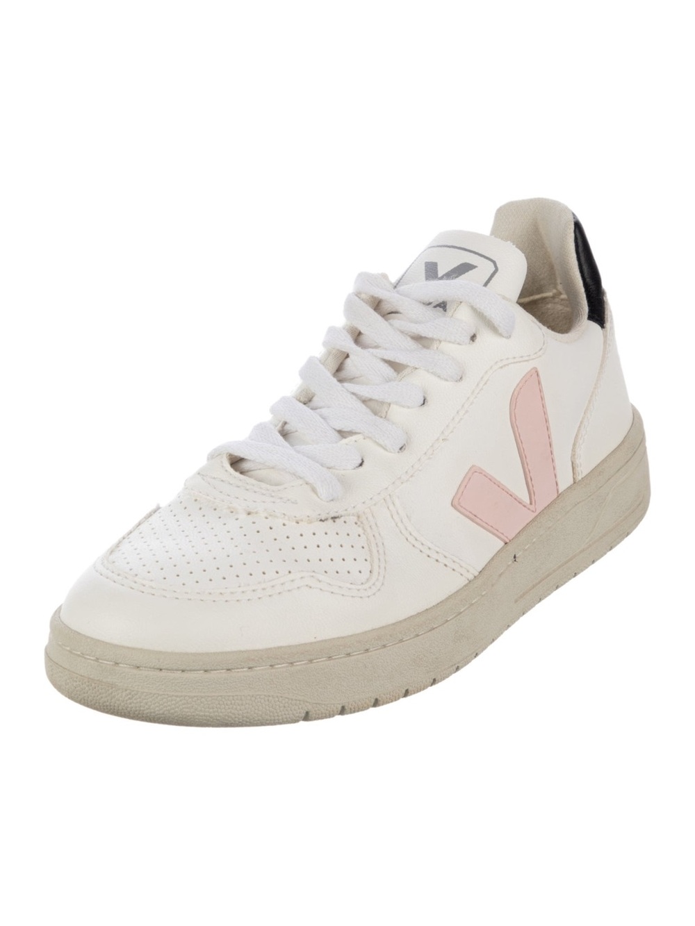 Veja Leather Sneaker in White with Pink V and Black Heel Tab